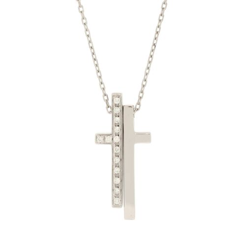 Split Cross Pendant Necklace 18K White Gold and Diamonds