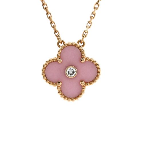 Vintage Alhambra Pendant Necklace 18K Rose Gold and Pink Sevres Porcelain with Diamond