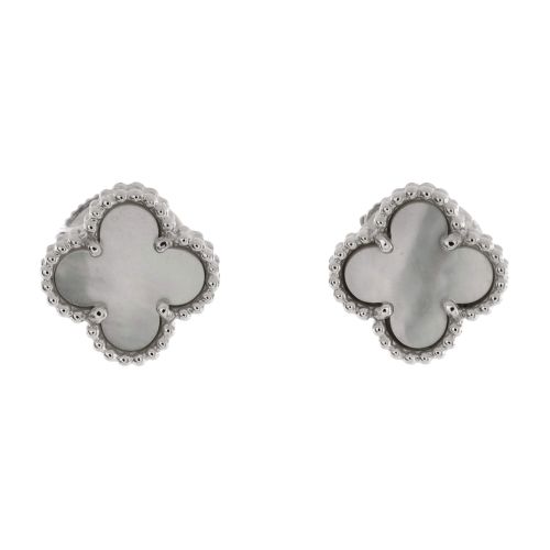 Sweet Alhambra Stud Earrings 18K White Gold and Mother of Pearl