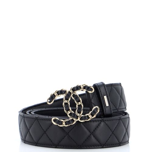 Woven Chain CC Buckle Belt Quilted Leather Wide