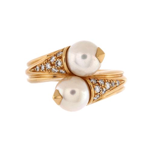 Bypass Ring 18K Yellow Gold with Diamonds and Pearls