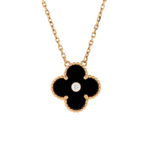 Vintage Alhambra Pendant Necklace 18K Rose Gold and Onyx with Diamond