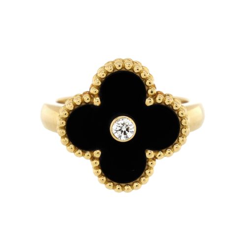 Vintage Alhambra Ring 18K Yellow Gold with Onyx and Diamond