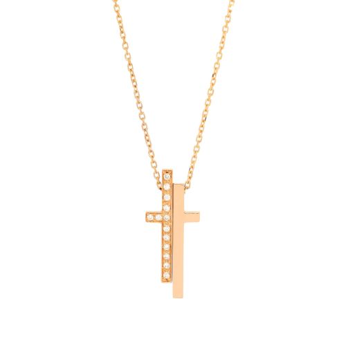 Split Cross Pendant Necklace 18K Rose Gold with Diamonds