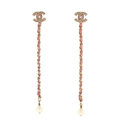 CC Chain Drop Earrings Metal with Leather and Faux Pearls