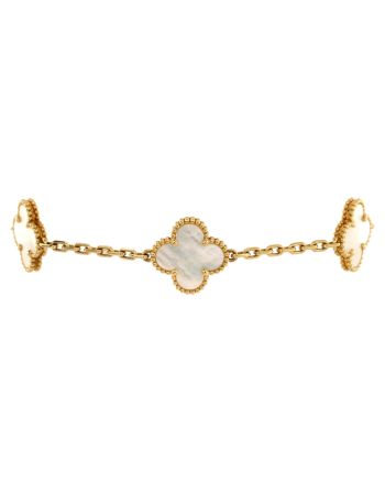 Vintage Alhambra 5 Motifs Bracelet 18K Yellow Gold and Mother of Pearl