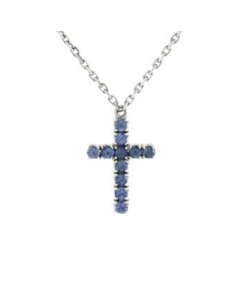 Cross Pendant Necklace 18K White Gold and Blue Sapphires