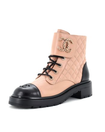 Women's Chain CC Cap Toe Lace Up Combat Boots Quilted Leather